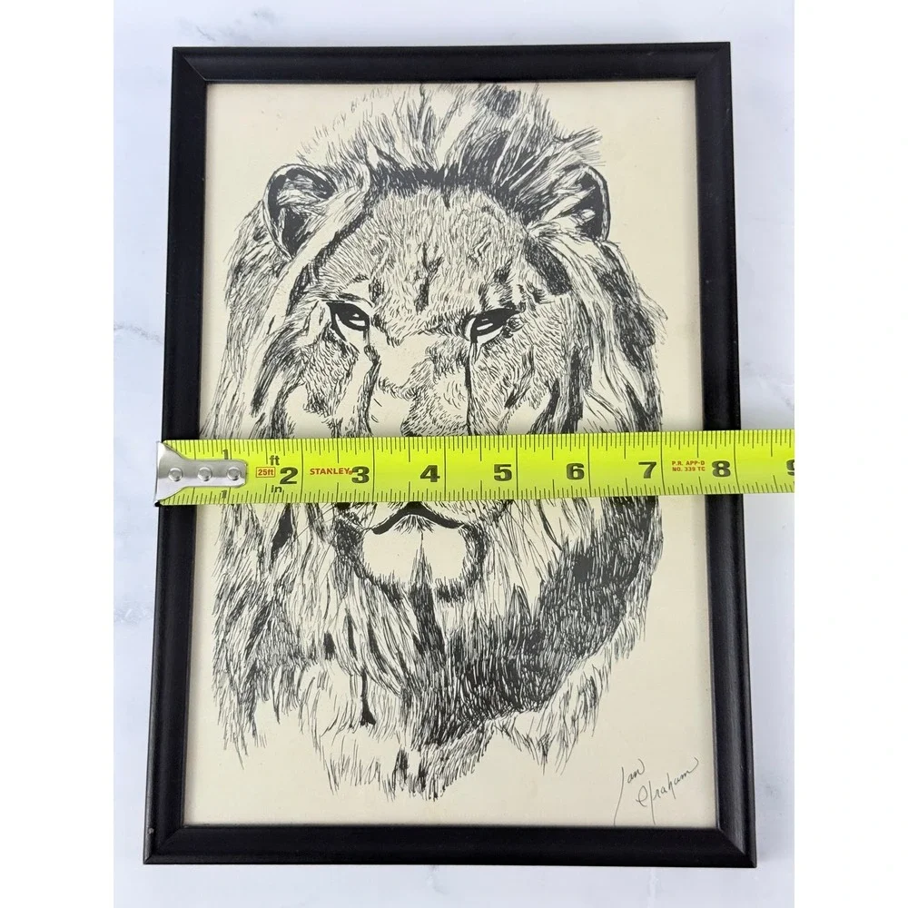 Original Framed Signed Art Ink Drawing of Lion 11.5